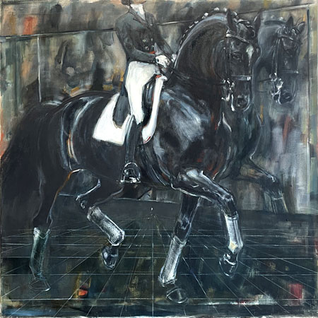 Rosemary Parcell nz horse artist, transition piaffe to passage, oil on canvas